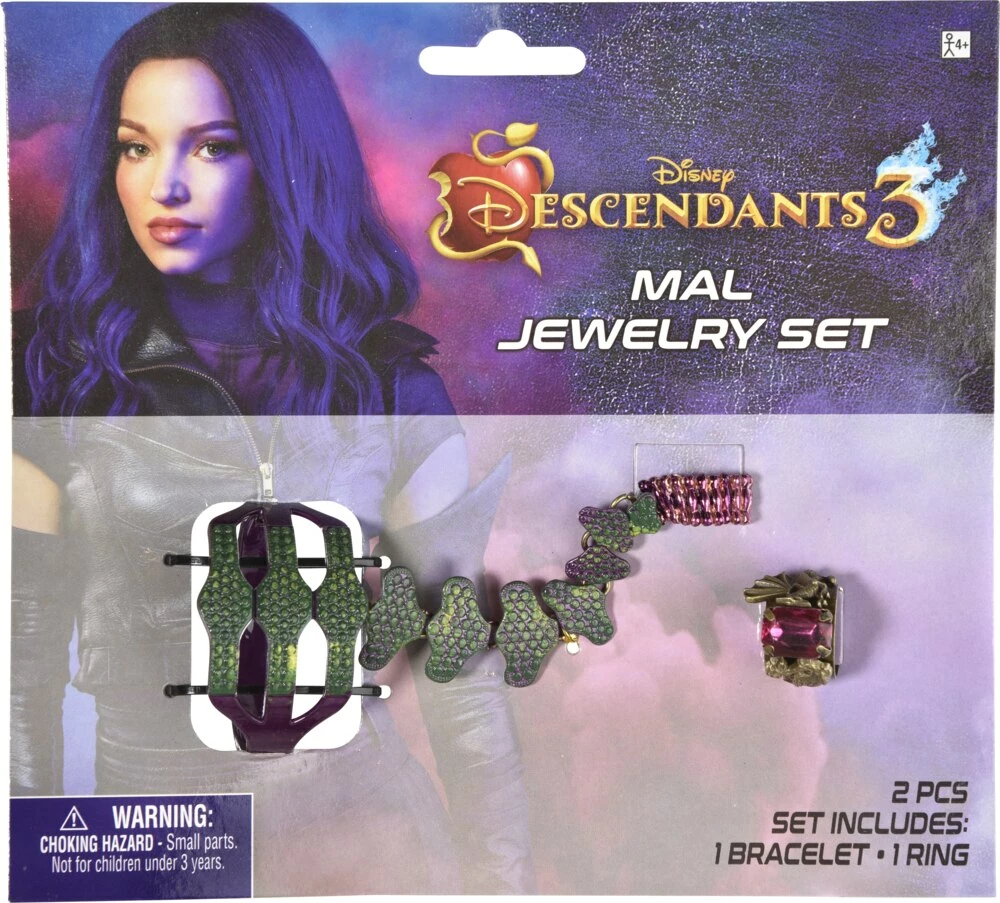 Disney Descendants 3 Mal Jewellery Set, Bracelet & Ring For Halloween, Red, One Size, 3-pc